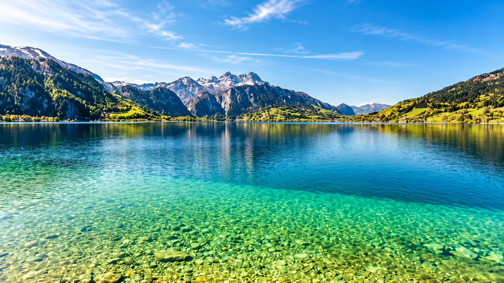 Nedotčené alpské jezero a hory